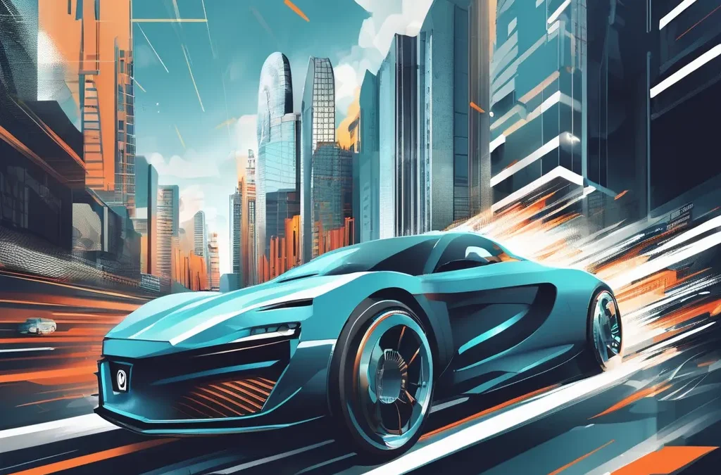 A sleek futuristic sports car speeds down a modern road, showcasing advanced design and technology in motion. symbolizing to Speed Up Your Website