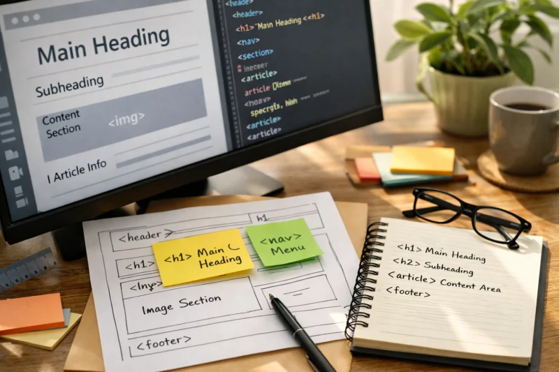 Build semantic page templates so headings, landmarks, and metadata stay correct
