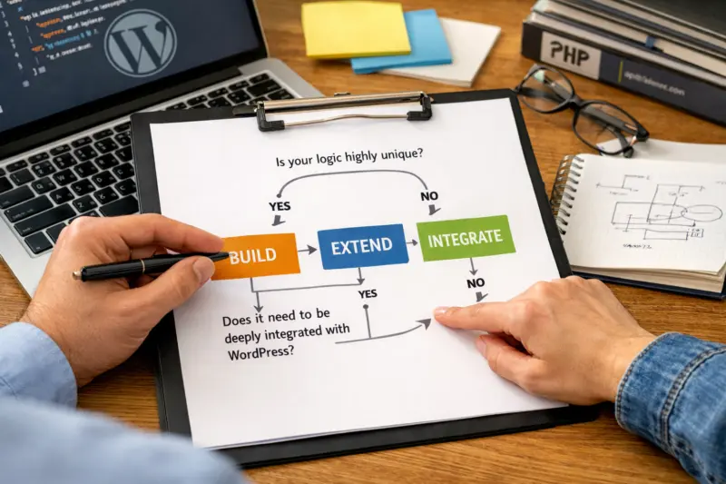 A decision path to choose the right plugin approach (build, extend, or integrate)