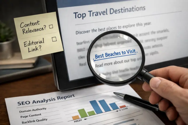 Evaluate linking page relevance and genuine editorial placement