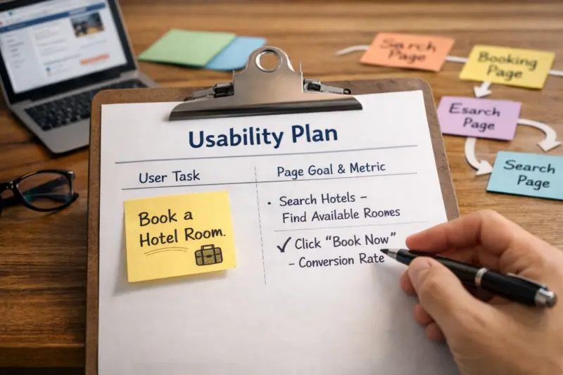 Build a usability plan that ties each page to a clear user goal and metric
