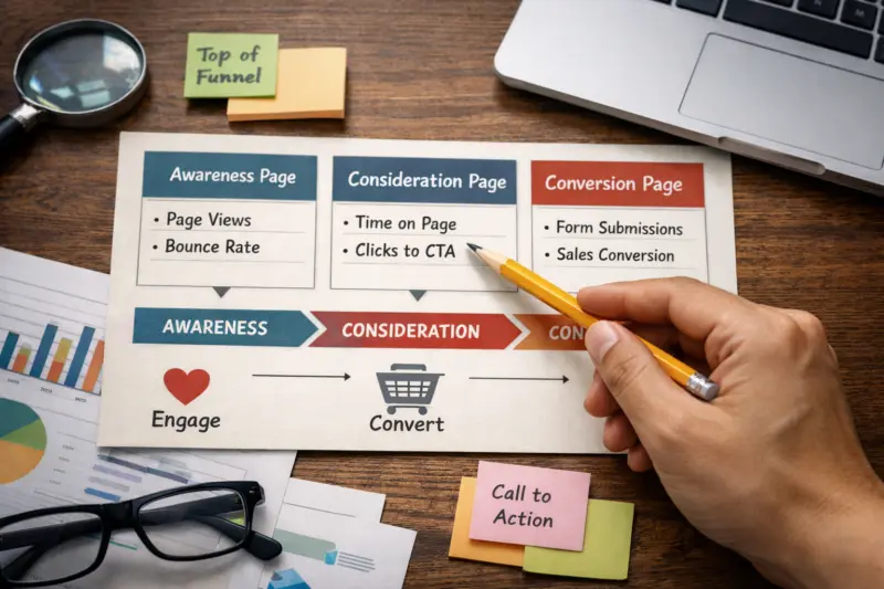 Build a metric framework by journey stage and page intent